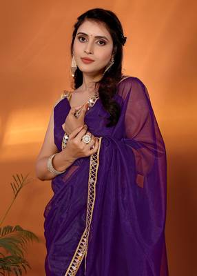 Purple  embellished organza party wear saree with blouse piece 4