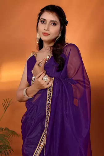 Purple  embellished organza party wear saree with blouse piece