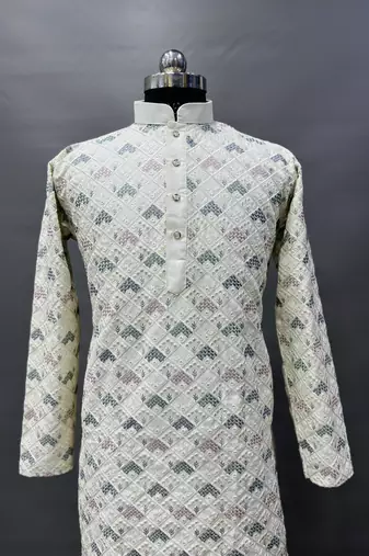 Cream embroidered mandarin collar different thrade sequence work kurta pajama set