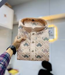 Peach embroidered mandarin collar different thrade sequence work kurta pajama set