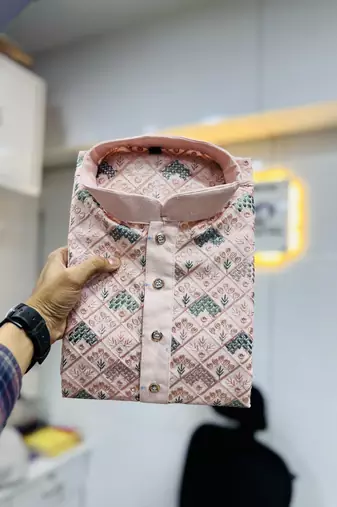 Baby pink embroidered mandarin collar different thrade sequence work kurta pajama set
