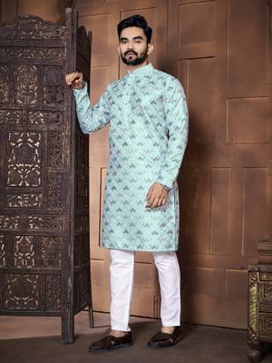 sky blue sequins embroidered kurta pajama set 1
