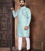 sky blue sequins embroidered kurta pajama set