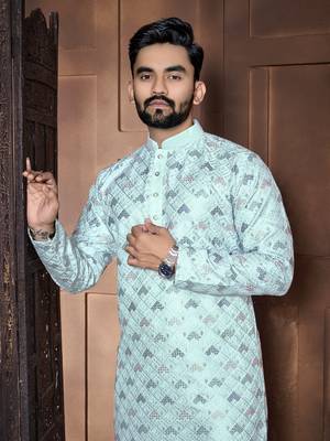 sky blue sequins embroidered kurta pajama set 2