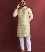 Cream emboj work daaman concept jacquard silk with inner cotton kurta pajama set