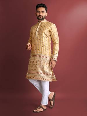 Gold emboj work daaman concept jacquard silk with inner cotton kurta pajama set 1