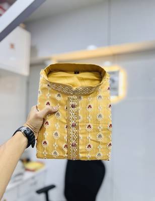 Gold emboj work daaman concept jacquard silk with inner cotton kurta pajama set 3