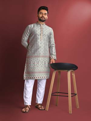 Grey emboj work daaman concept jacquard silk with inner cotton kurta pajama set 1