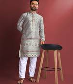 Grey emboj work daaman concept jacquard silk with inner cotton kurta pajama set