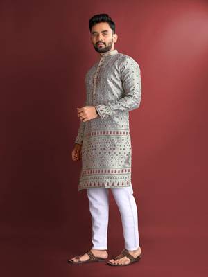 Grey emboj work daaman concept jacquard silk with inner cotton kurta pajama set 2
