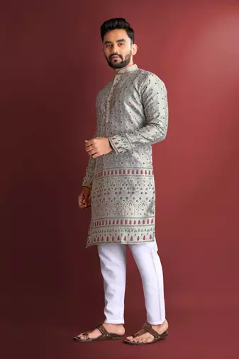 Grey emboj work daaman concept jacquard silk with inner cotton kurta pajama set