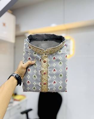 Grey emboj work daaman concept jacquard silk with inner cotton kurta pajama set 3