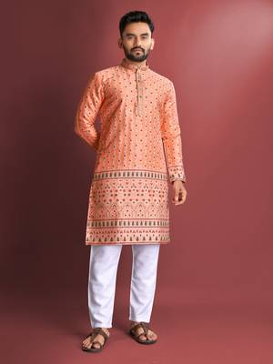 Peach emboj work daaman concept jacquard silk with inner cotton kurta pajama set 1