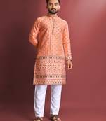 Peach emboj work daaman concept jacquard silk with inner cotton kurta pajama set