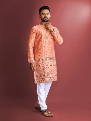 Peach emboj work daaman concept jacquard silk with inner cotton kurta pajama set 2