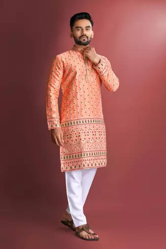 Peach emboj work daaman concept jacquard silk with inner cotton kurta pajama set