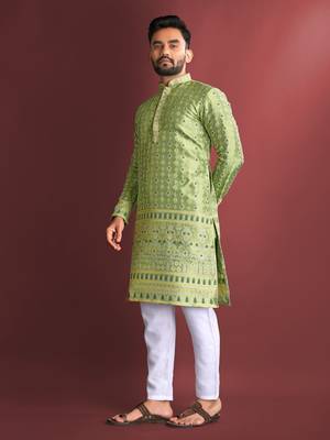 Pista green emboj work daaman concept jacquard silk with inner cotton kurta pajama set 1