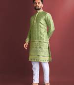 Pista green emboj work daaman concept jacquard silk with inner cotton kurta pajama set