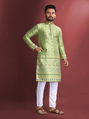 Pista green emboj work daaman concept jacquard silk with inner cotton kurta pajama set 2