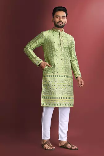 Pista green emboj work daaman concept jacquard silk with inner cotton kurta pajama set