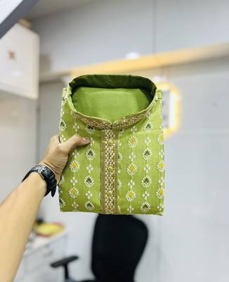 Pista green emboj work daaman concept jacquard silk with inner cotton kurta pajama set 3