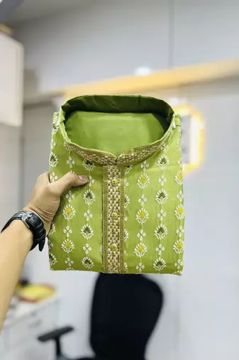 Pista green emboj work daaman concept jacquard silk with inner cotton kurta pajama set