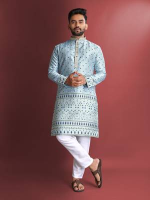 Sky blue emboj work daaman concept jacquard silk with inner cotton kurta pajama set 1