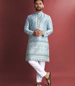 Sky blue emboj work daaman concept jacquard silk with inner cotton kurta pajama set
