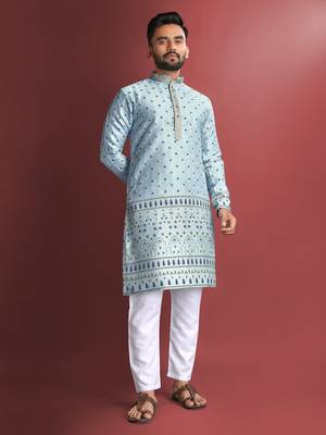 Sky blue emboj work daaman concept jacquard silk with inner cotton kurta pajama set 2