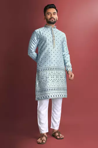 Sky blue emboj work daaman concept jacquard silk with inner cotton kurta pajama set
