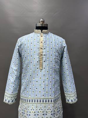 Sky blue emboj work daaman concept jacquard silk with inner cotton kurta pajama set 3