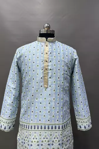 Sky blue emboj work daaman concept jacquard silk with inner cotton kurta pajama set