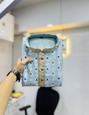 Sky blue emboj work daaman concept jacquard silk with inner cotton kurta pajama set 4