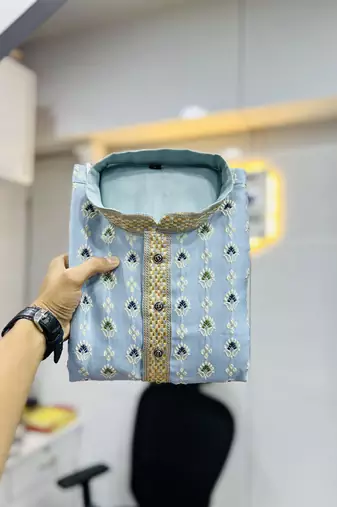 Sky blue emboj work daaman concept jacquard silk with inner cotton kurta pajama set