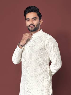 cream sequins embroidered kurta pajama set 2