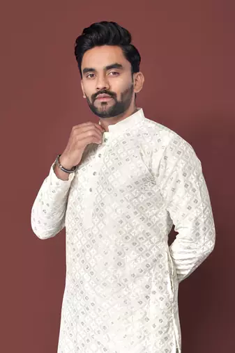 cream sequins embroidered kurta pajama set