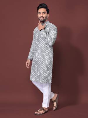 Grey multi sequence with  white embroidered work kurta pajama set 1