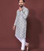 Grey multi sequence with  white embroidered work kurta pajama set