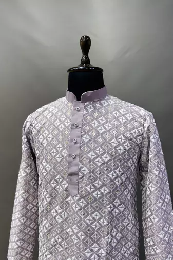 Lavender multi sequence with  white embroidered work kurta pajama set