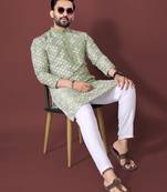 Pista multi sequence with  white embroidered work kurta pajama set