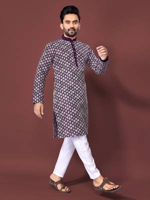 Purple multi sequence with  white embroidered work kurta pajama set 1