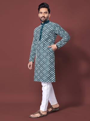 Teal multi sequence with  white embroidered work kurta pajama set 1