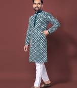 Teal multi sequence with  white embroidered work kurta pajama set