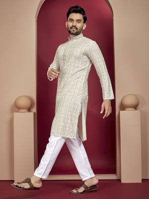 Cream heavy lukhnowi work with unique digital print kurta pajama set 1