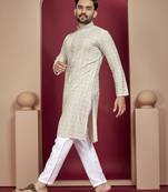 Cream heavy lukhnowi work with unique digital print kurta pajama set
