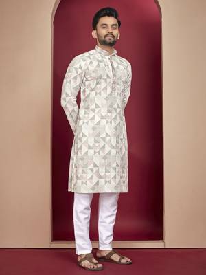 Grey cream heavy lukhnowi work with unique digital print kurta pajama set 1