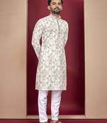 Grey cream heavy lukhnowi work with unique digital print kurta pajama set