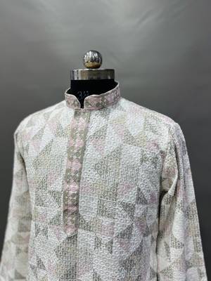 Grey cream heavy lukhnowi work with unique digital print kurta pajama set 2