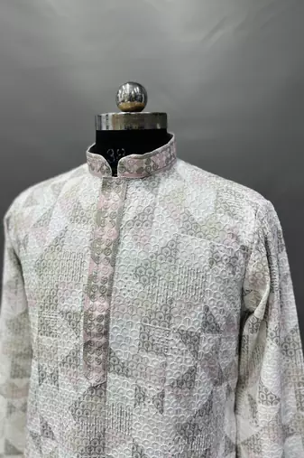 Grey cream heavy lukhnowi work with unique digital print kurta pajama set