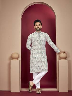 Cream heavy lukhnowi work with unique digital print kurta pajama set 1